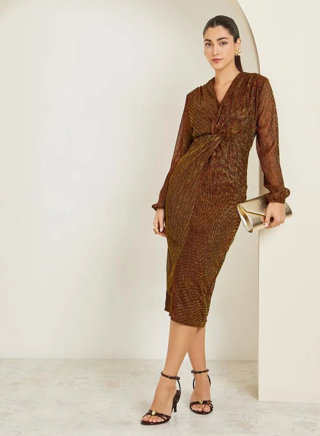 Styli Brown Plisse Textured Long Sleeve Midi Dress